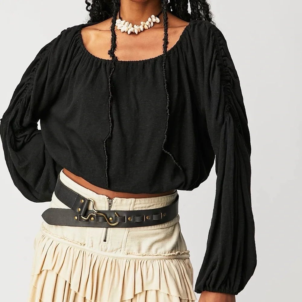 Free People Top M Black Linen Blend Ruched Shoulder Long Sleeve Peasant Blouse